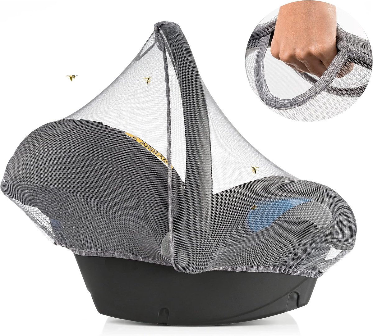 SnelShoppen - Zamboo Mosquito Net voor Autostoel - Universeel, Elastisch, Wasbaar, Duurzaam, Grijs - Perfect voor Camping, Vakantie en Kinderen