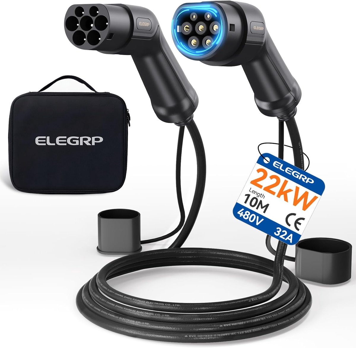 SnelShoppen - Type 2 Oplaadkabel voor Elektrische Auto, 22 kW, 10 m, 32 A, 3 Fasen, Geschikt voor Model S/3/X/Y, VW ID.3/ID.4 e-Golf, Met Draagtas, Sn