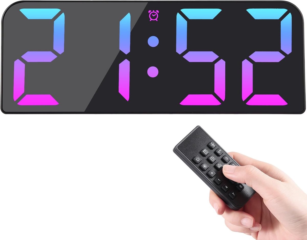 SnelShoppen - Digitale Wandklok 9.5 Inch met Afstandsbediening, Kleurveranderende RGB Wandklok, Tijd/Datum/Temperatuur, Ideaal voor Woonkamer, Slaapka