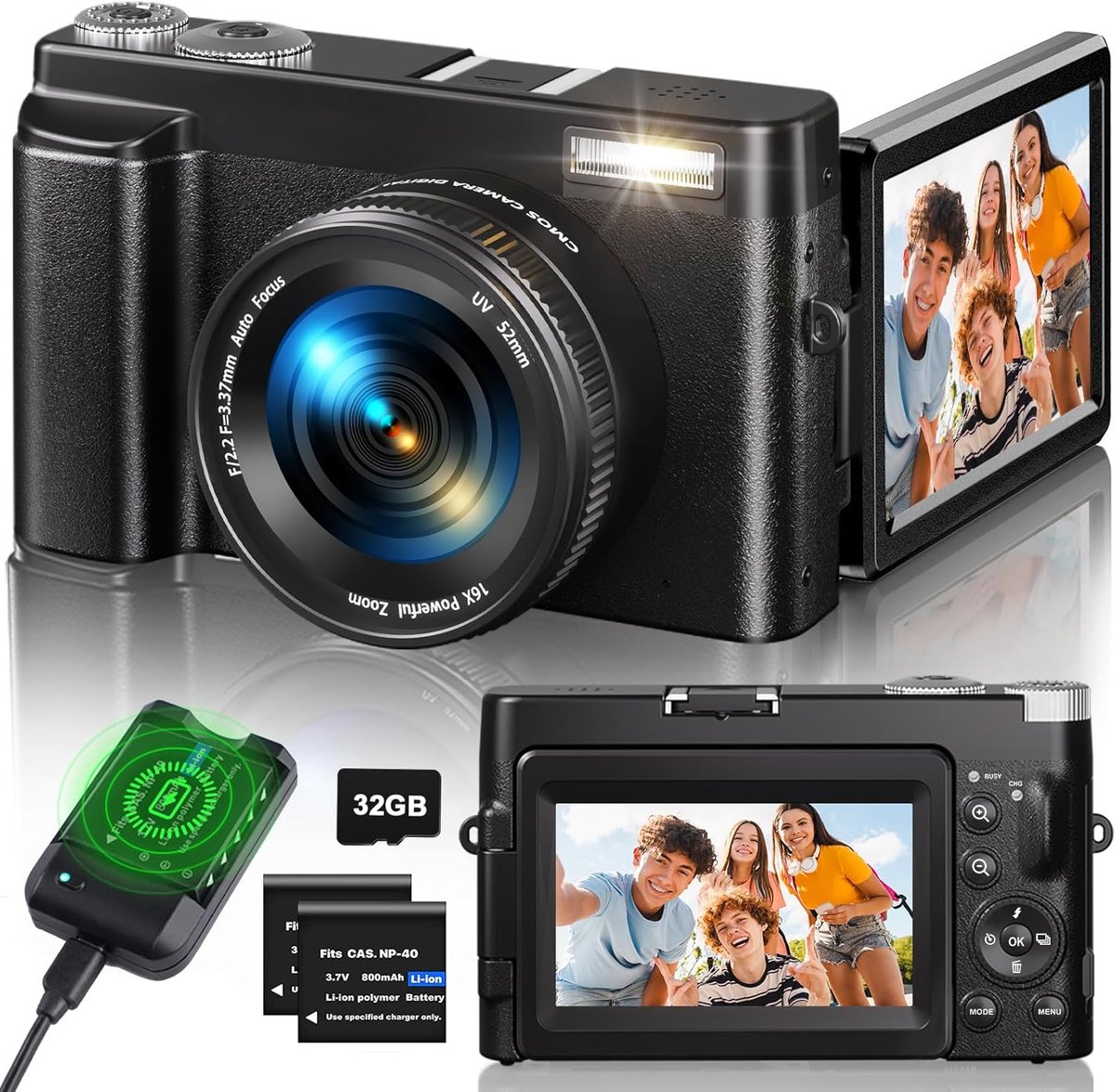SnelShoppen - Digitale Camera 4K, 48MP, 16X Auto Focus Digitale Zoom, 3 Inch 180° Flip LCD Scherm, HD Compact Vlog Camera met Oplaadstation, 2 x 800mA