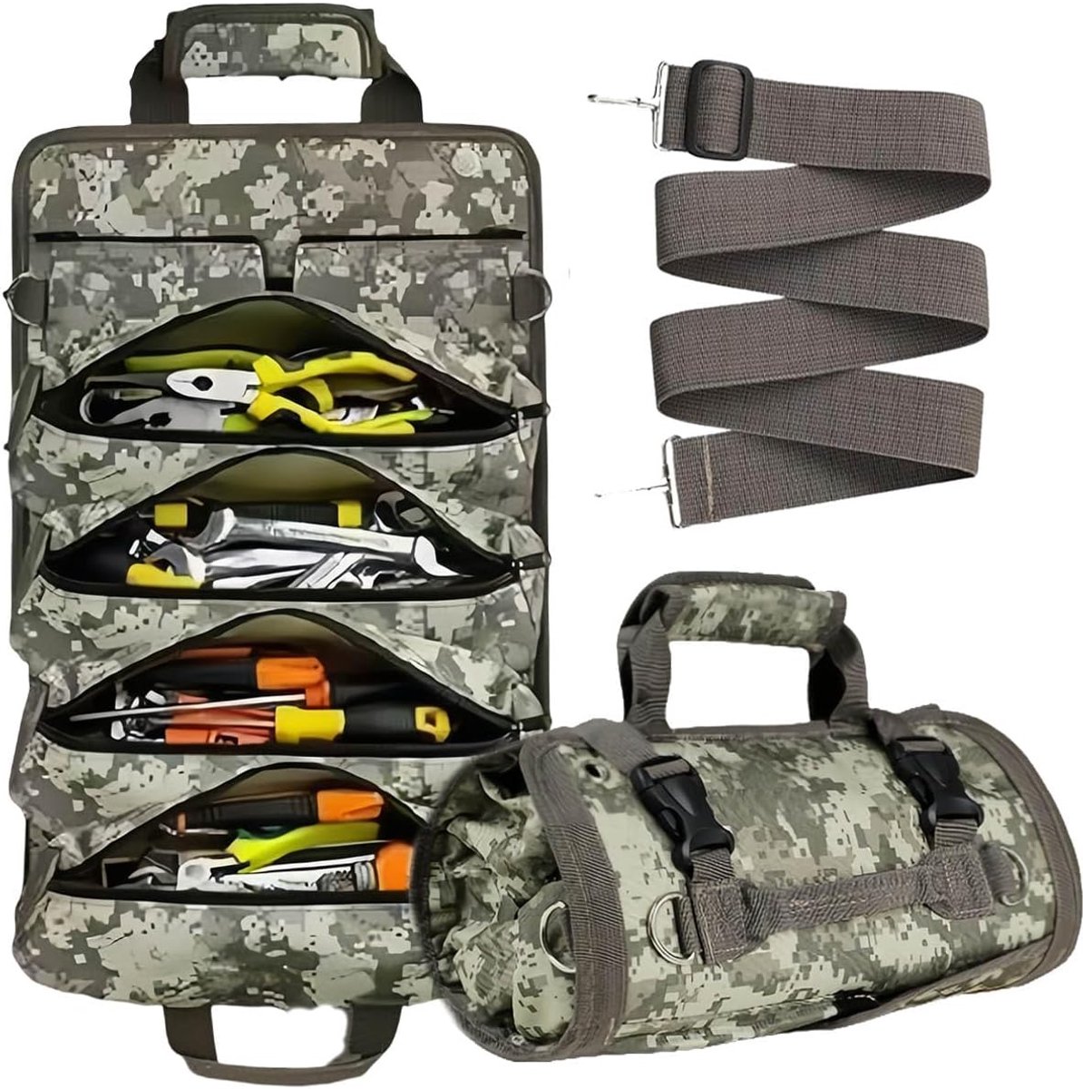 SnelShoppen - Tool Bag Roll Up Heavy Duty Gereedschapsopberger met 11 Vakken, Opvouwbare Organizer voor Klussen, Mechanica en Tuin, Incl. 2 Kleine Zak