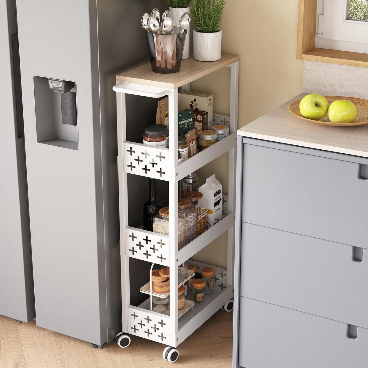 SnelShoppen - 4 Laags Trolley met Wielen, Smalle Keukenwagen met Metaal Handvat, Wit, Ideaal voor Keuken, Badkamer, Woonkamer, Studie, Organiseren van