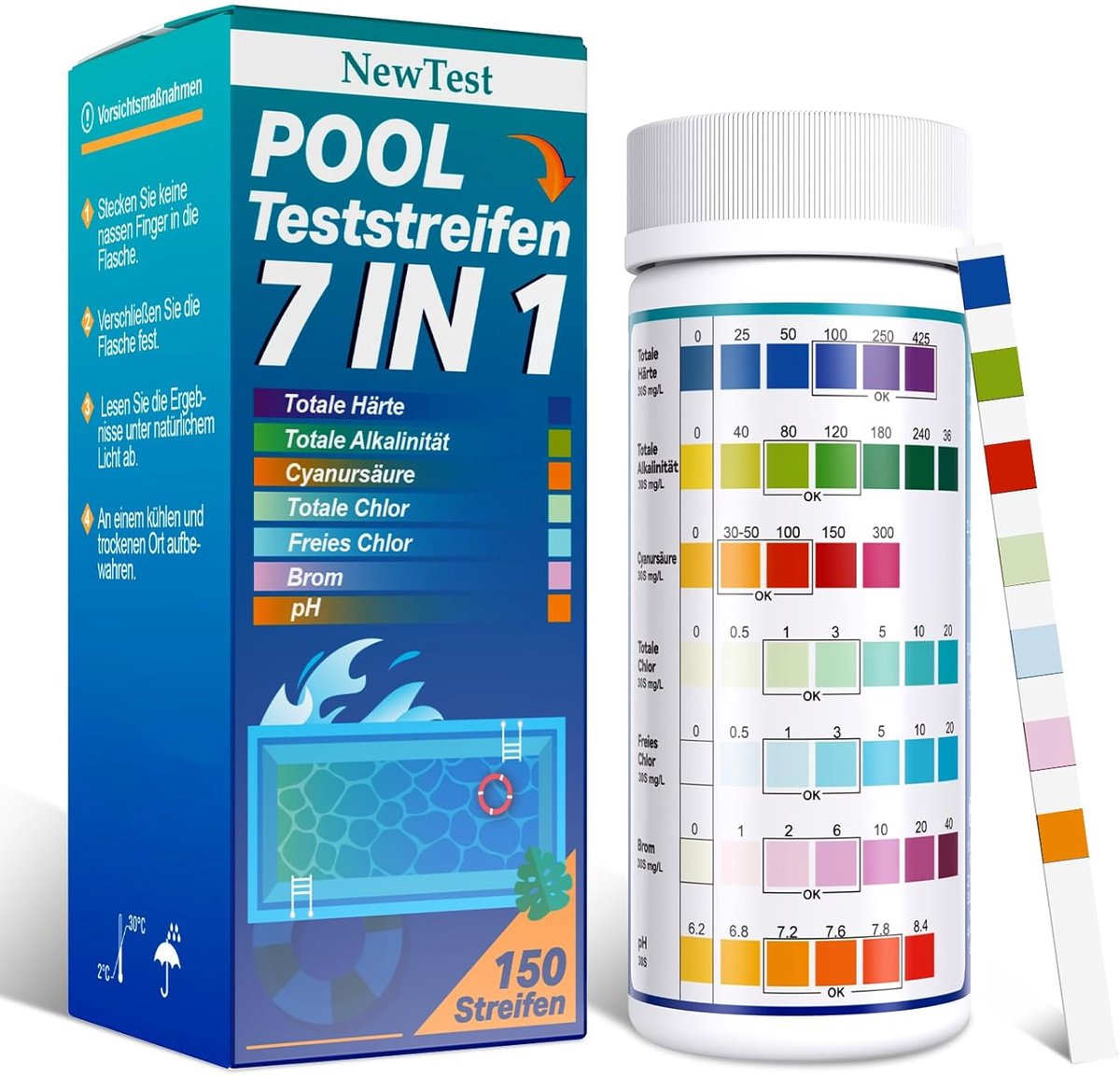 SnelShoppen - Teststrips voor Zwembad 7-in-1 – 150 Stuks – pH, Vrije Chlorine, Totale Alkaliteit, Bromine, Totale Hardheid, Cyanurinezuur, Totale Chlo