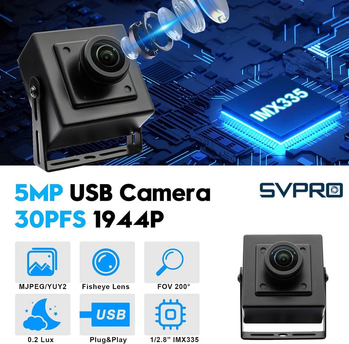 SnelShoppen - 5MP USB Fisheye Camera 30fps - 200° Ultra Wide Angle - IMX335 Sensor - Industrie en Beveiliging - Plug & Play voor Windows/Mac/Linux/And
