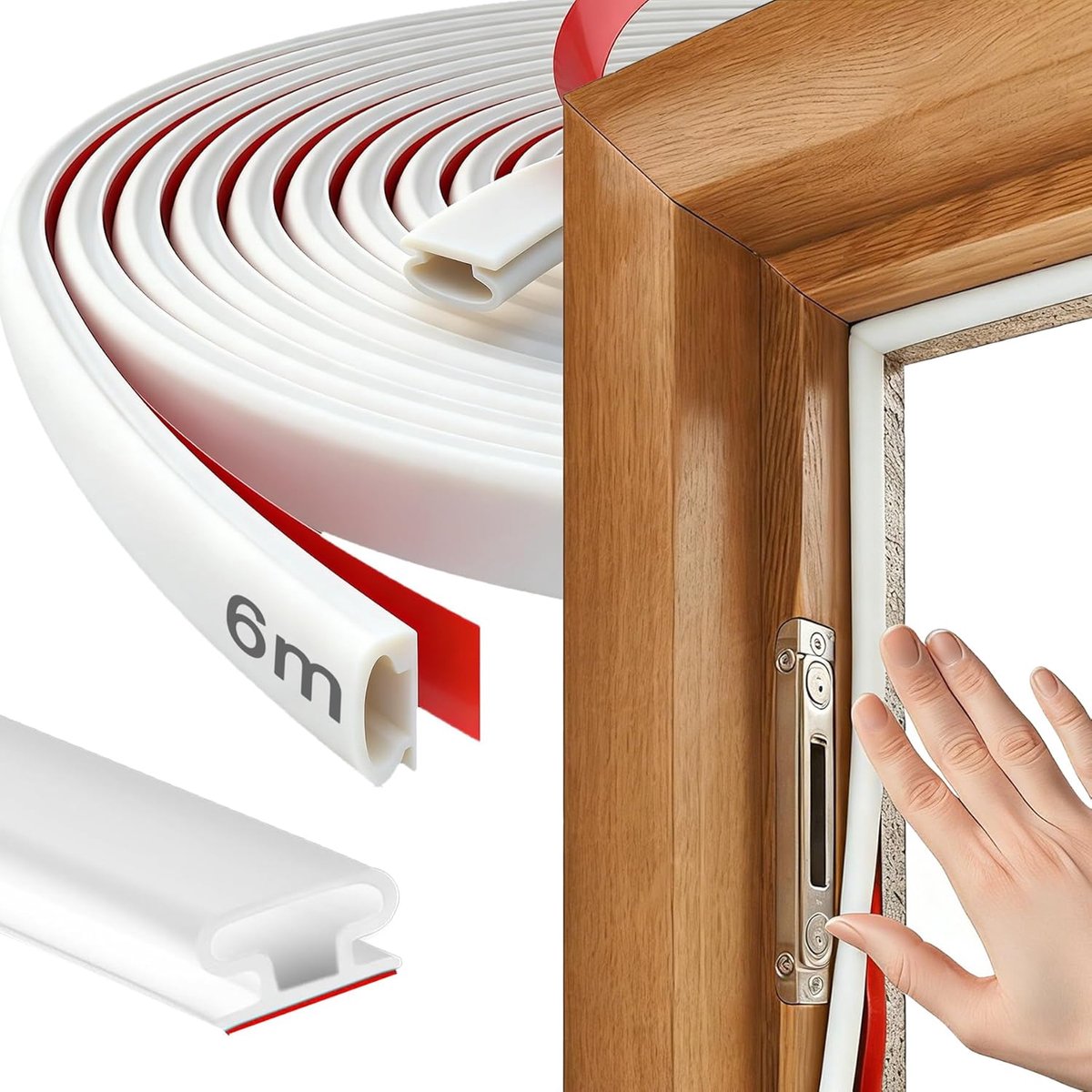 SnelShoppen - 6 m x 10 mm Rubber Sealing Tape voor Deuren, Zelfklevende Waterdichte Deurrubber, 6 mm Dikte, Wit, Perfect voor Kieren en Openingen