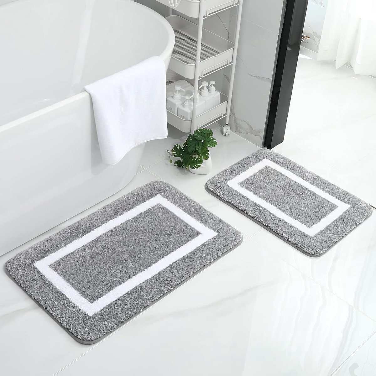 SnelShoppen - Luxe Badmat Set 2-Piece - Antislip Microfiber Badmatten - Zacht en Fluffy - 40x60 cm + 50x76 cm - Grijs voor Badkamer en Toilet