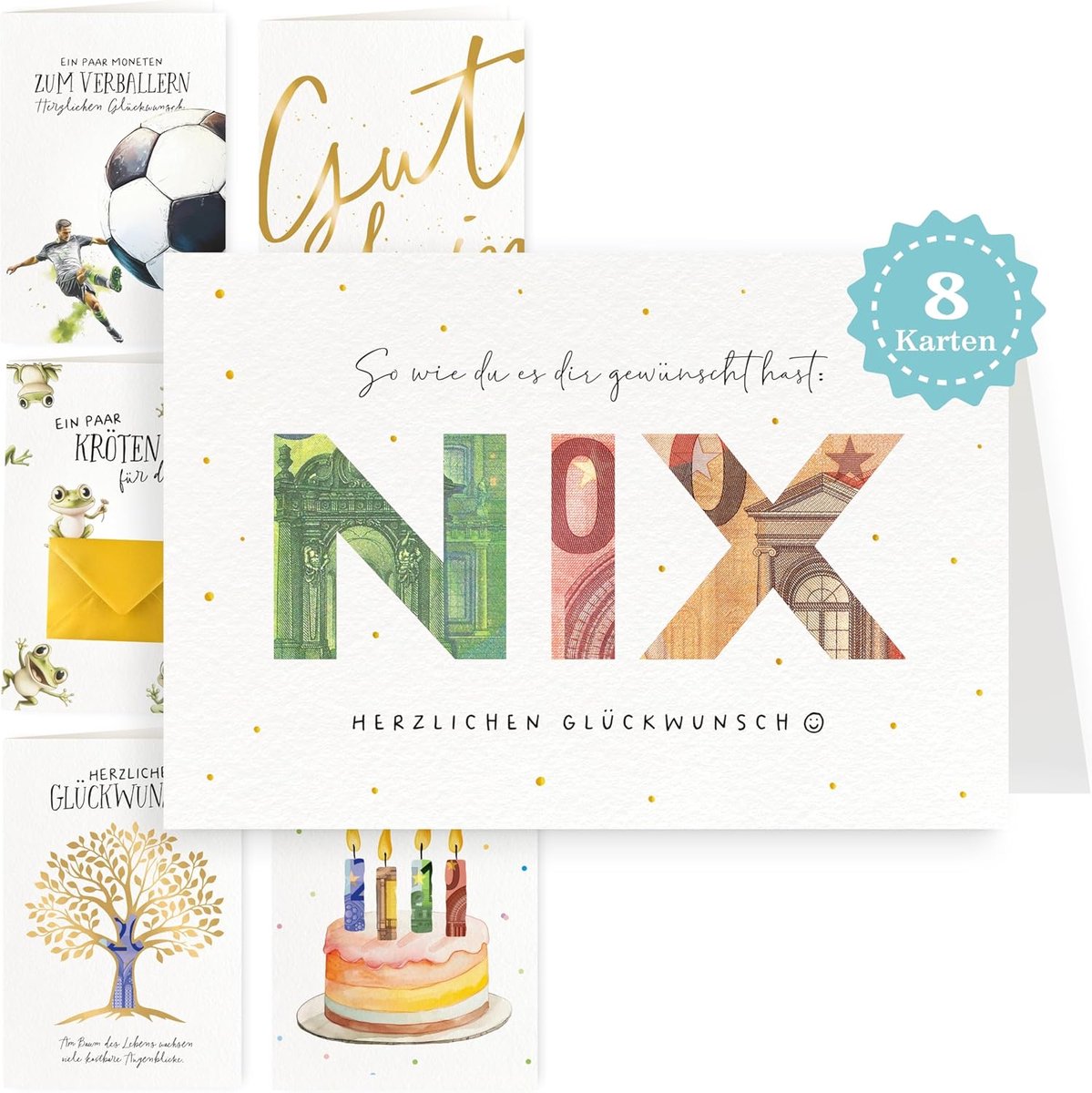 SnelShoppen - 8 Verjaardagskaarten, Geldcadeau Kaarten met Envelop en Stickers, Geldgeschenken Verjaardag, Cadeaukaarten voor Echtgenoot, Jeugd Ordina