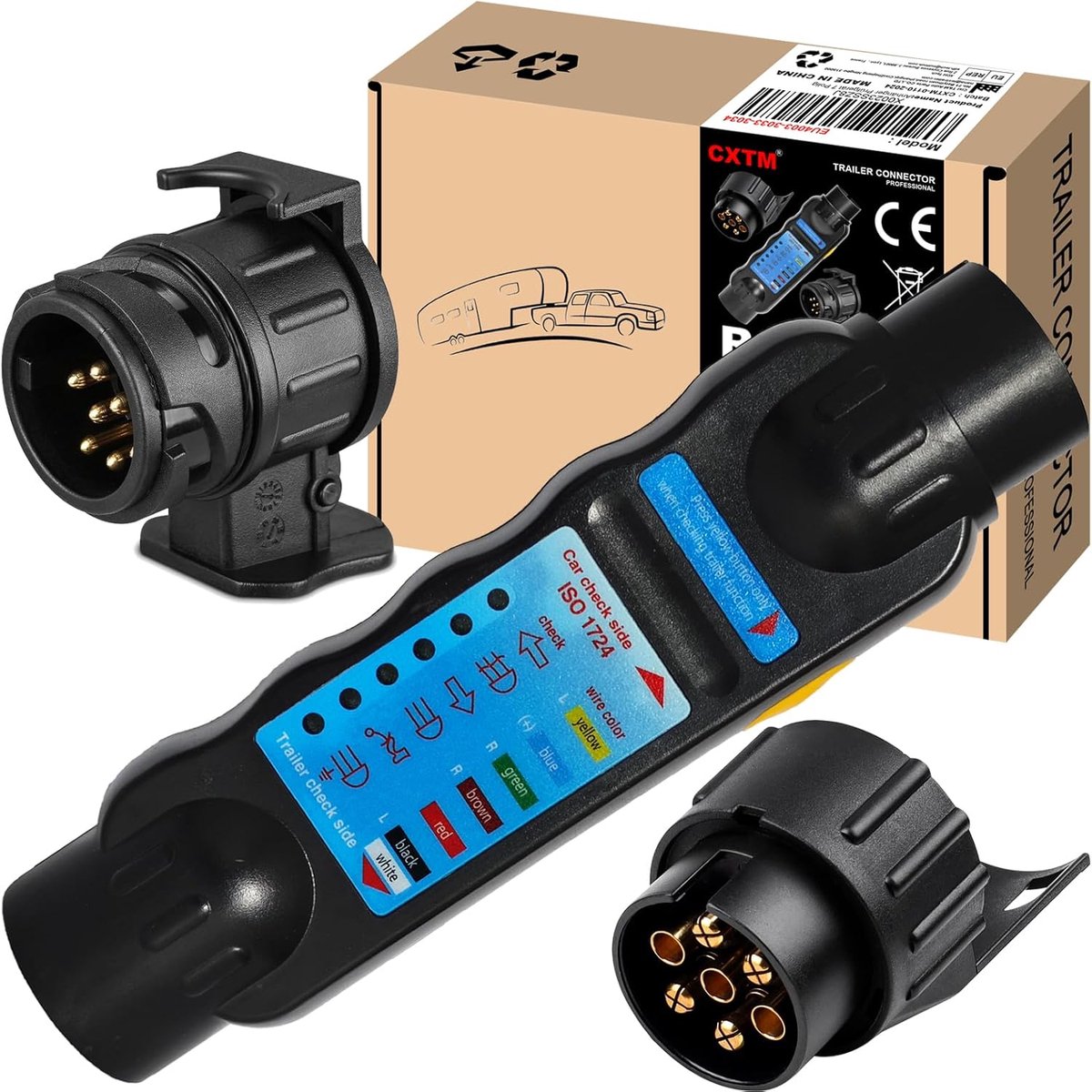 SnelShoppen - Trailer Test Device 7-Pin, Diagnostic Tool voor Caravan en Trailer, 12V, Inclusief 13-Pin naar 7-Pin Adapter, Veilig en Betrouwbaar