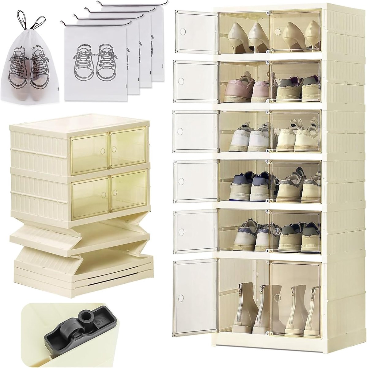 SnelShoppen - Stapelbare Transparante Schoenendozen met Deksel - 6 Laags met Magnetische Deuren - 118 x 34.5 x 44 cm - Harde Kunststof - Voor 12 Paar