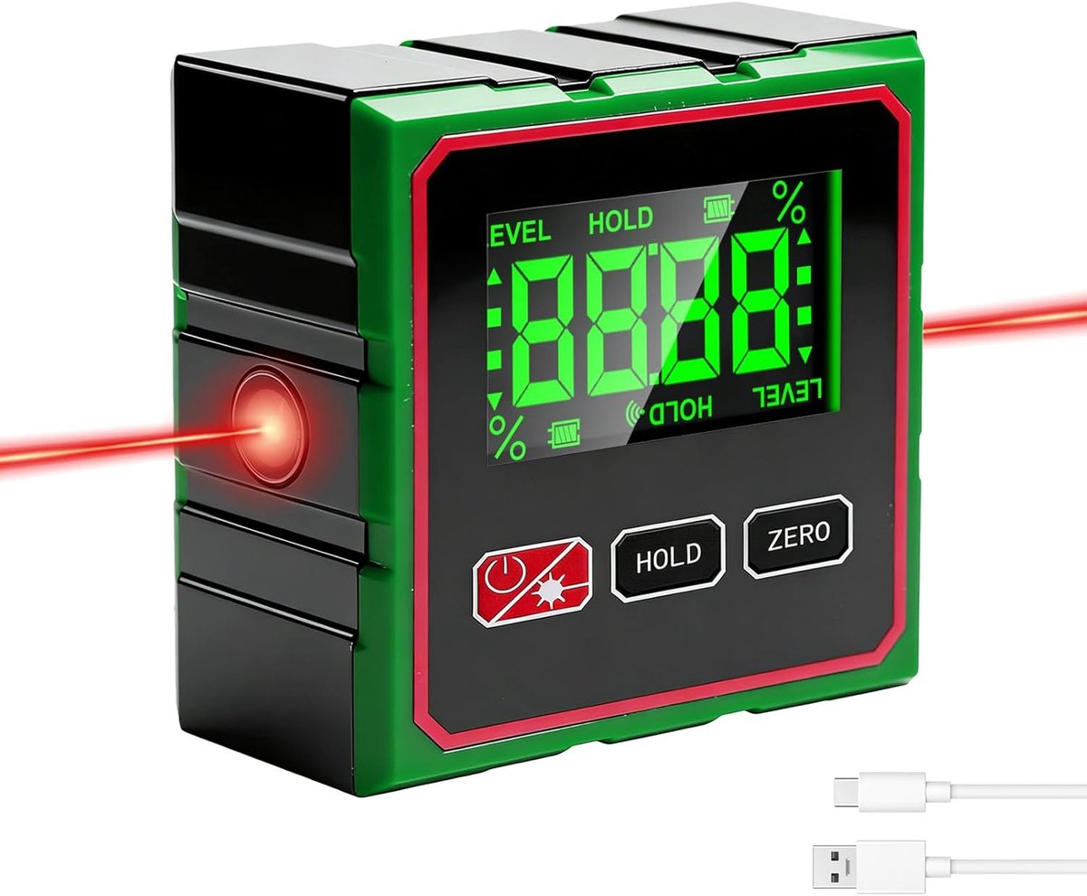 Thijox - Digitale Hoekmeter Neigungsmeter met LCD-Scherm, Oplaadbare Waterpas voor Houtbewerking en Doe-Het-Zelf Projecten, Nauwkeurigheid 0,1°, Compa
