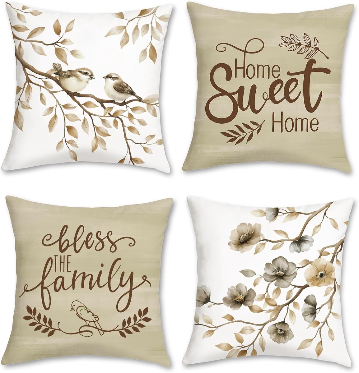 SnelShoppen - Set van 4 Decorative Kussenhoezen - Watercolor Bloemen en Vogels - Velours Kussens voor Sofa, Bed, Tuin en Patio - 45x45cm