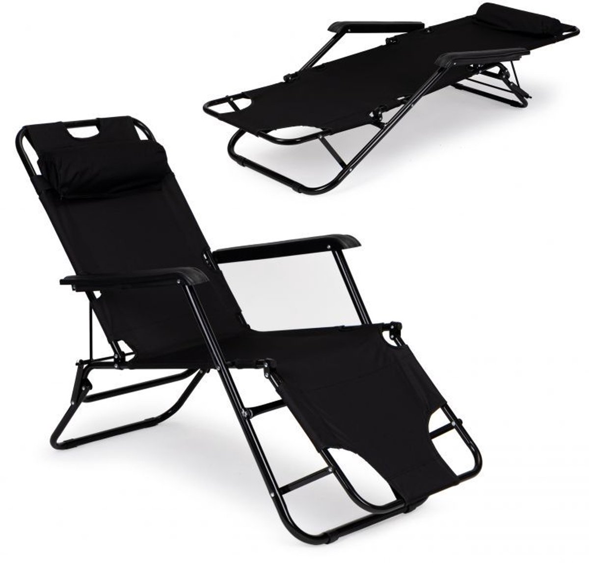 MOZY® - Ligstoel - Opvouwbaar - tot 150 kg - Zwart - 155 cm - Inclusief Hoofdkussen - Ligbed Tuin - Veldbed - Zonnebed - Tuinstoel