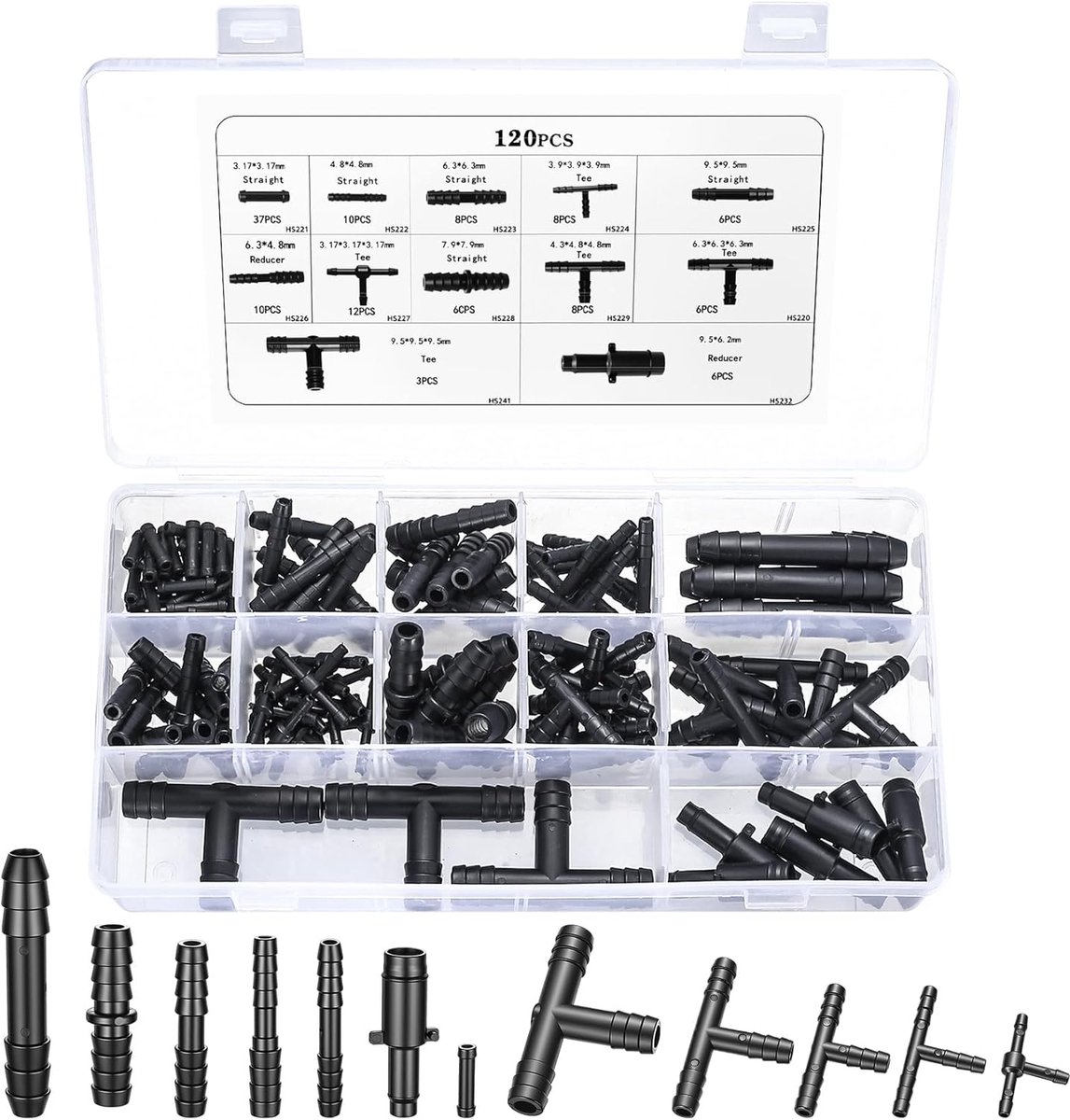 SnelShoppen - 120pcs Tuinslang Connector Set, T-stuk en Verbindingsstukken voor Water geven, Tuin, Drip Hose, Zwart, Duurzaam Plastic