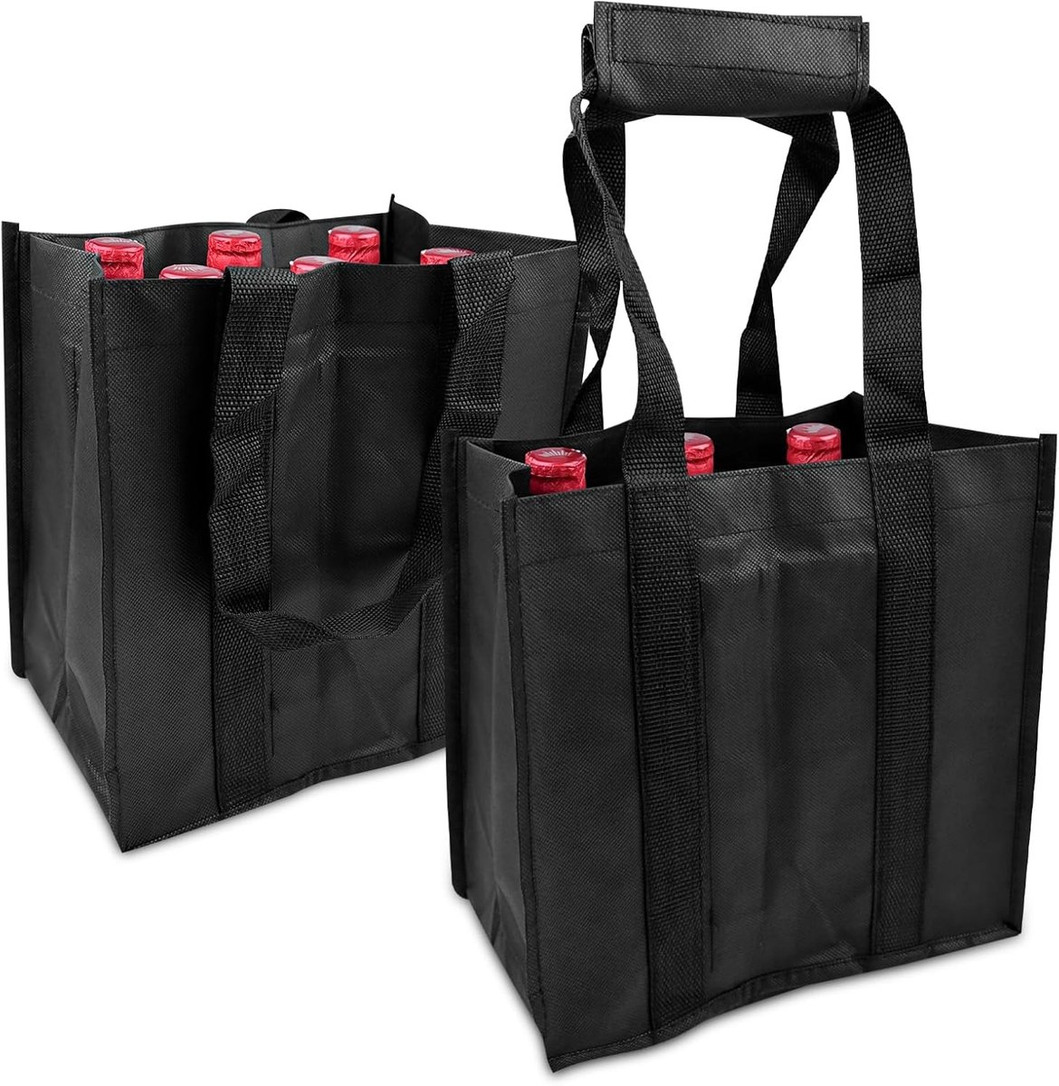 SnelShoppen - 2 Pack Flessendragers, 6 Compartimenten Fleszak, Herbruikbare Drinktas, Wijnfleszak, Zwarte Flesdrager voor Feesten en Evenementen