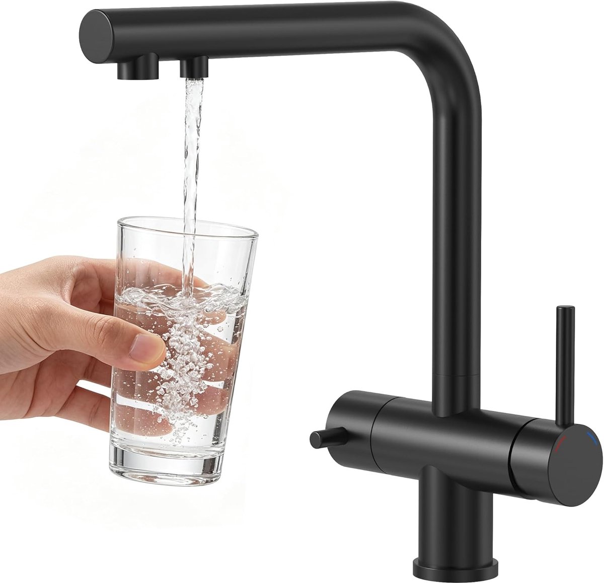 SnelShoppen - 3-in-1 Keukenkraan met Waterfilter, 360° Rotatie, RVS Zwart, 2 Handgrepen, Ideaal voor Koken en Drinkwater