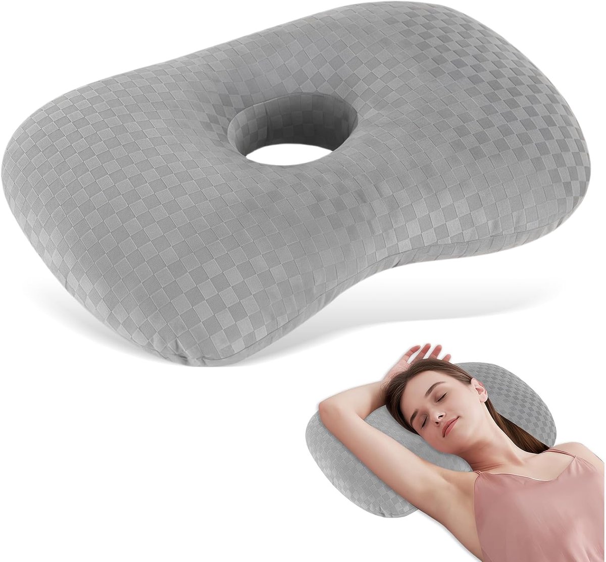 SnelShoppen - Ergonomisch Piercing Pillow 44 x 32 x 8 cm, Donut Kussen met 10 cm Gat, Verhoogde Steun voor Zijdelings Slapen, Grijs, Pijnverlichting e