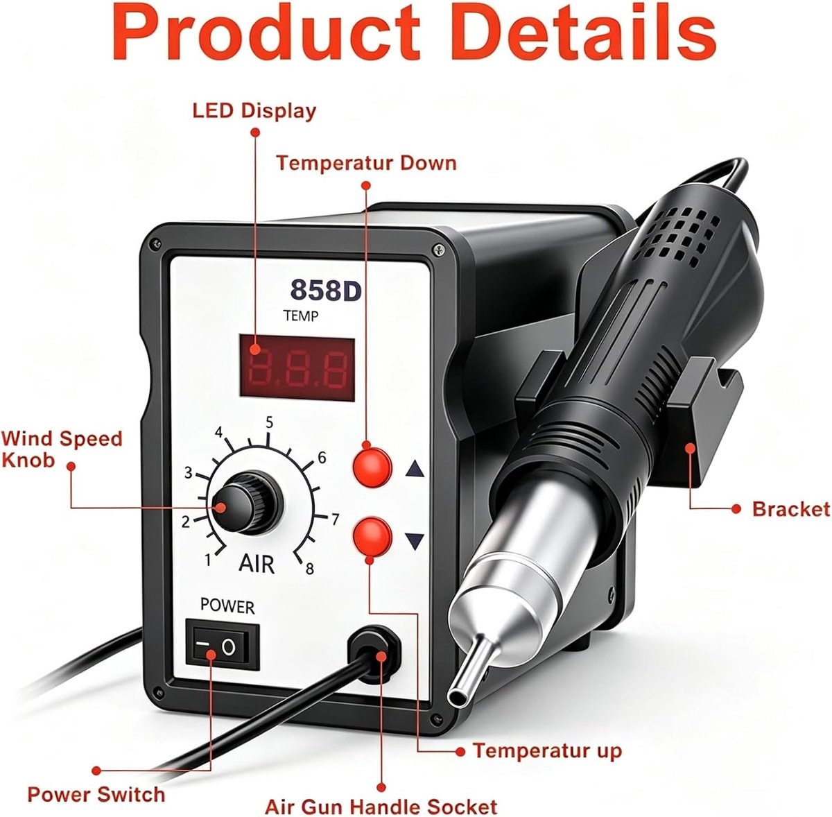 SnelShoppen - 858D Hot Air Soldering Station - Desoldering Station 700W met 4 Nozzles, Instelbare Temperatuur en Luchtvolume, PID Temperatuurbeheersin