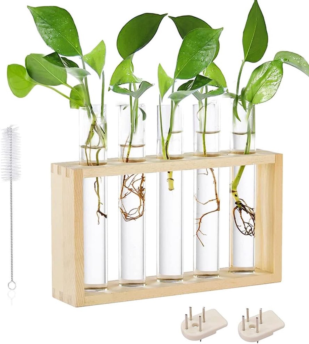 SnelShoppen - Vintage Glass Test Tube Flower Vase Propagation Station met Houten Stand voor Plant Vermeerderen, Hydroponische Planten, 5 Glazen Vazen