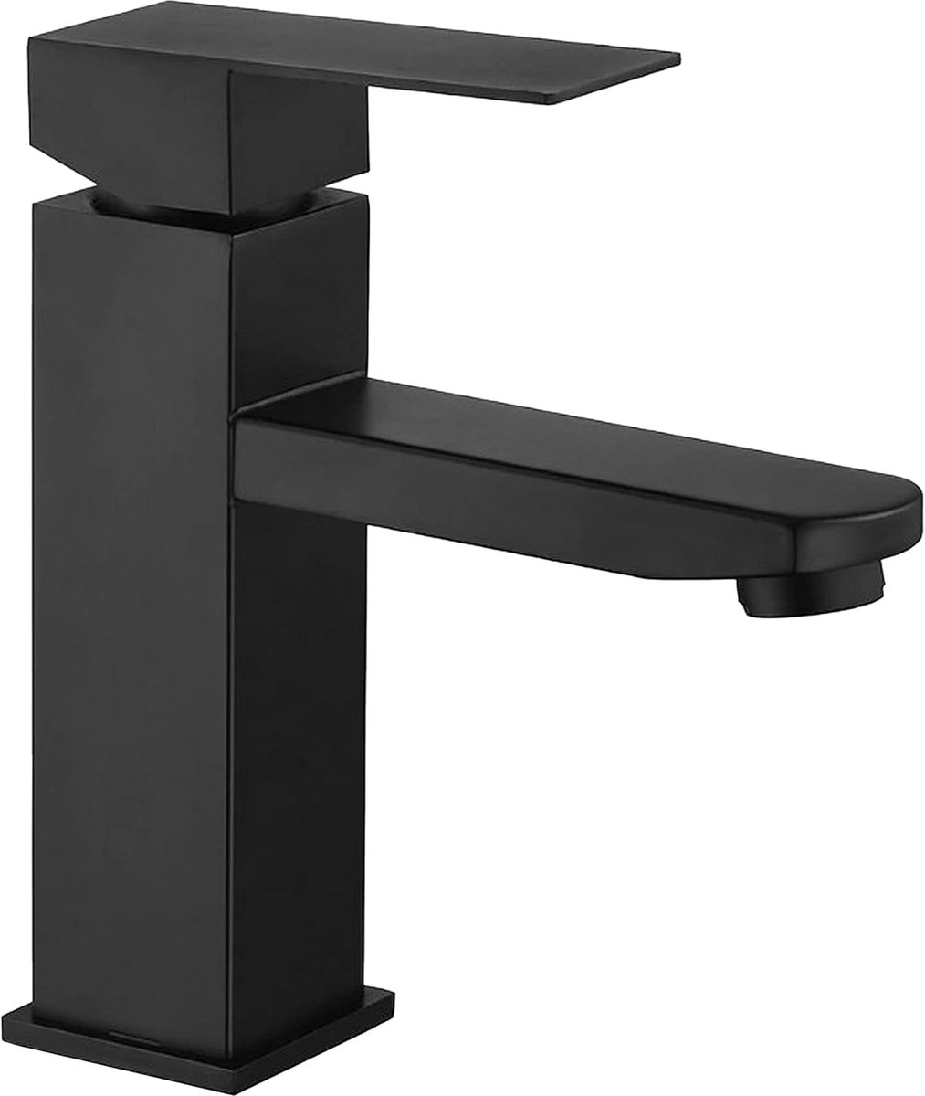 SnelShoppen - Sink Faucet Matte Black RVS Mengkraan met Enkele Hendel voor Koud en Warm Water, Inclusief 2 Slangen - Zwarte Kraan voor Badkamer