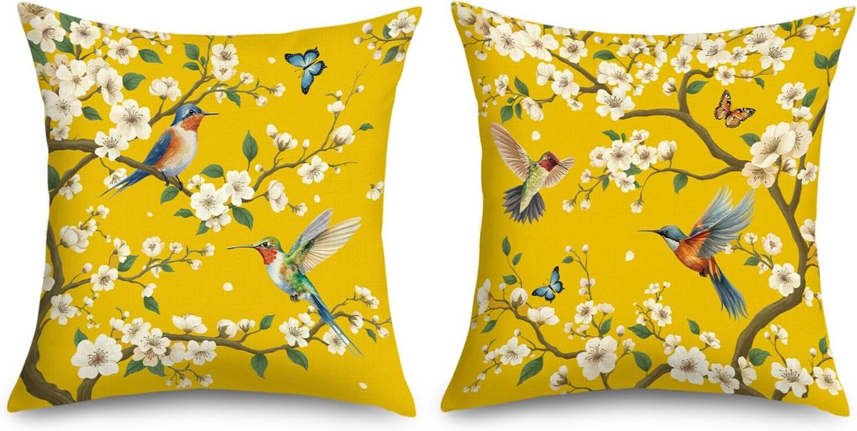 SnelShoppen - Lente Zomer Gele Bloemen Kussenslopen 40x40 cm - Vintage Chinoiserie Bloemen met Kolibrie - Pak van 2 Decoratieve Kussens voor Bank - Ho