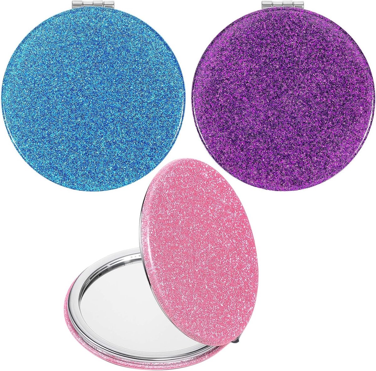 SnelShoppen - 3 Draagbare Rond Make-upspiegels - Compacte Spiegel met 1x/2x Vergroting - Glinsterende Roze Mini-Spiegels - Lichtgewicht Zakspiegels vo