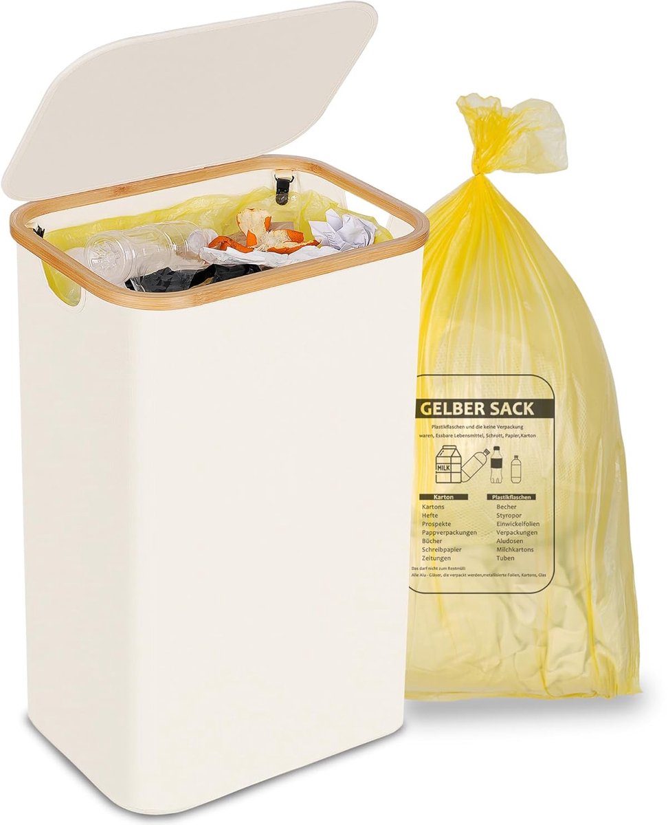 SnelShoppen - Extra grote gele afvalcontainer 100L met sterke clips - Beige vuilnisbak voor keuken, tuin, camping en feest - 44x33x70 cm
