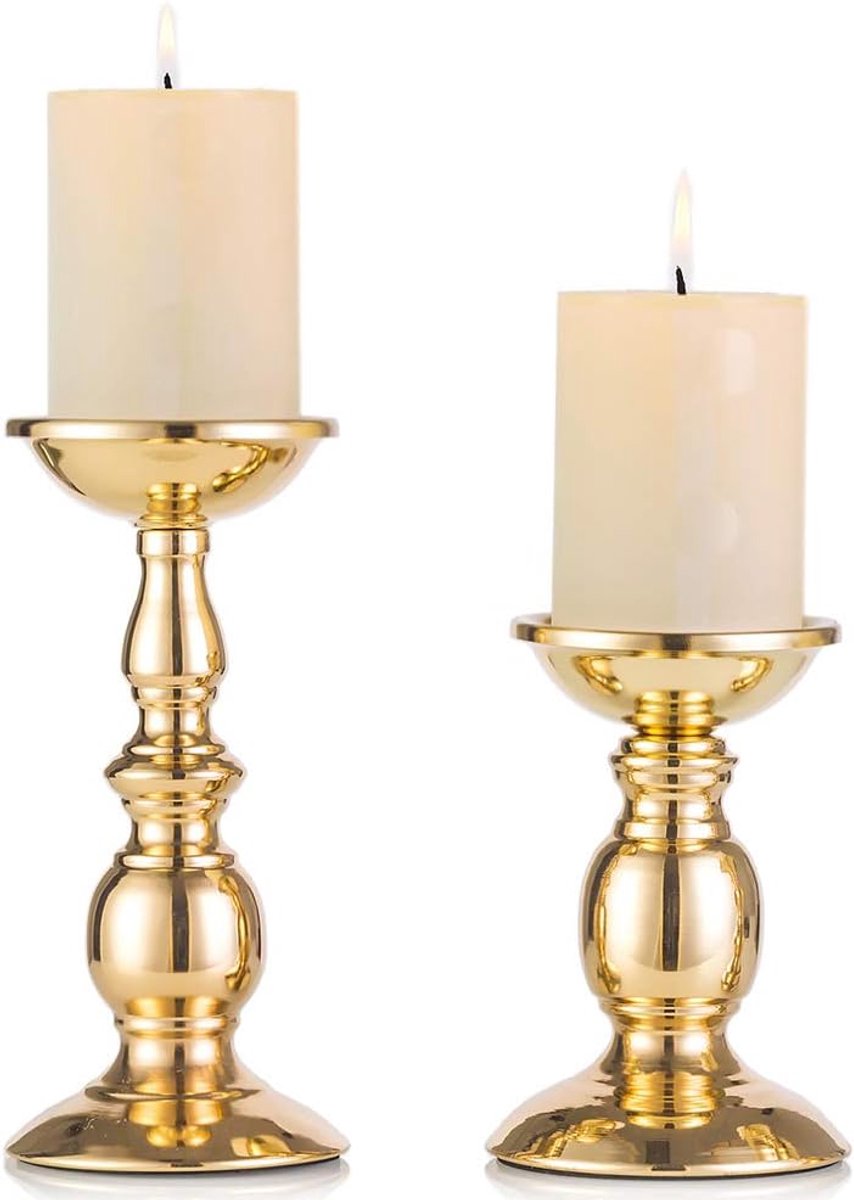 SnelShoppen - Set van 2 Gouden Metal Pillar Candlesticks voor 80mm Kaarsen - Stabiele Kaarsenhouders voor Woonkamer, Tuin, Spa, Aromatherapie, Bruilof