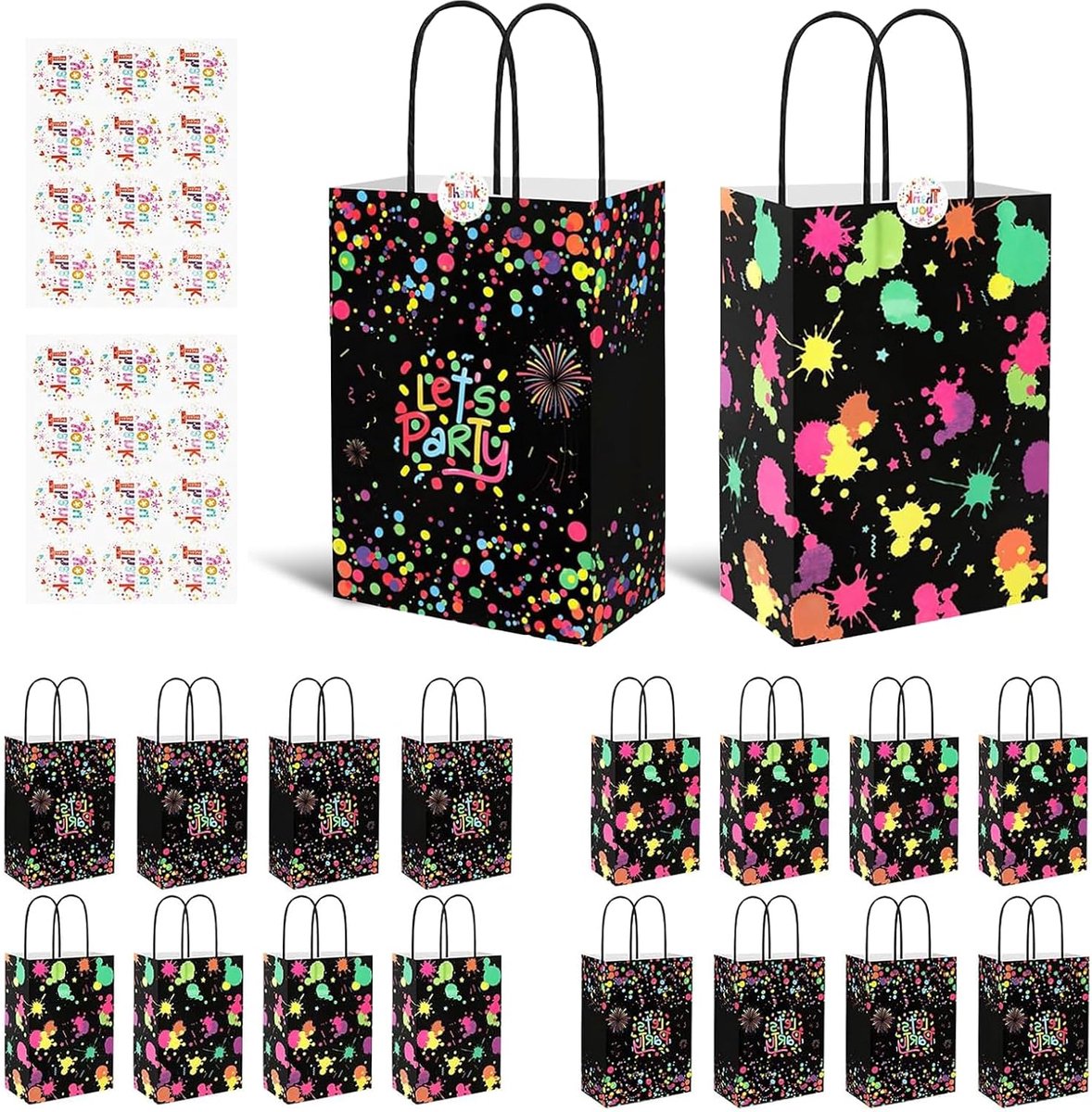 SnelShoppen - 18 Stuks Neon Feestdecoratie Cadeautasjes met Handvat voor Kinderverjaardag, Glow in the Dark Cadeauzakjes voor Neon Feest, Fluoresceren