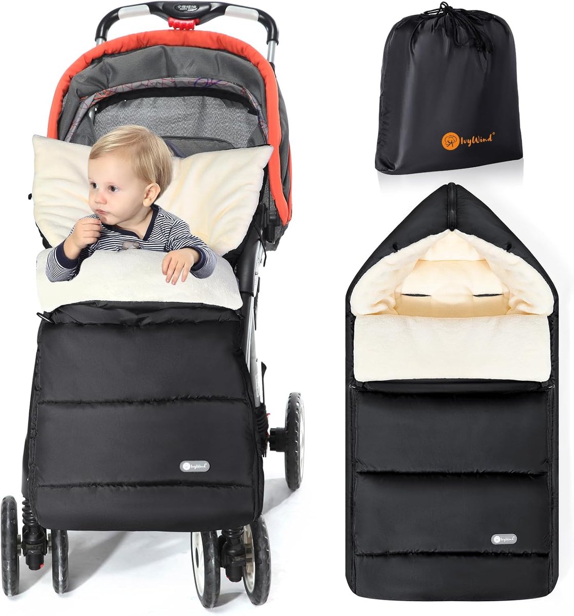 SnelShoppen - Universele Voetenzak voor Kinderwagen, Waterdicht, Winddicht, Met Verstelbare Kap & Ritsen, Warm, Wasbaar, Zwart/Wit, Ideaal voor Winter
