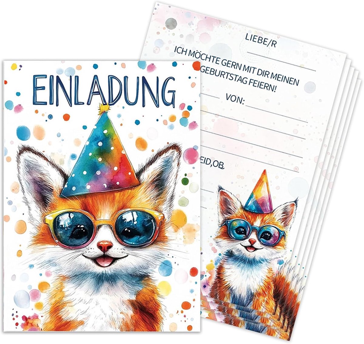 SnelShoppen - 12x15x11 cm Kinderuitnodigingskaarten voor Verjaardagsfeestjes - Waterverf Stijl - Kat, Hond, Panda - Feestdieren Uitnodigingen voor Jon