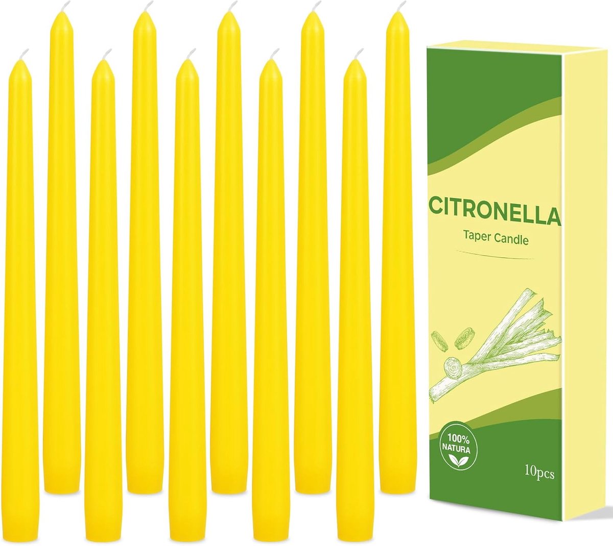 SnelShoppen - Citronellakaarsen Set van 10 Stuks - Puntige Kaarsen 25 cm - Natuurlijke Sojawas - Citroengrasgeur - Buitenkaarsen voor Terras, Tuin, Di