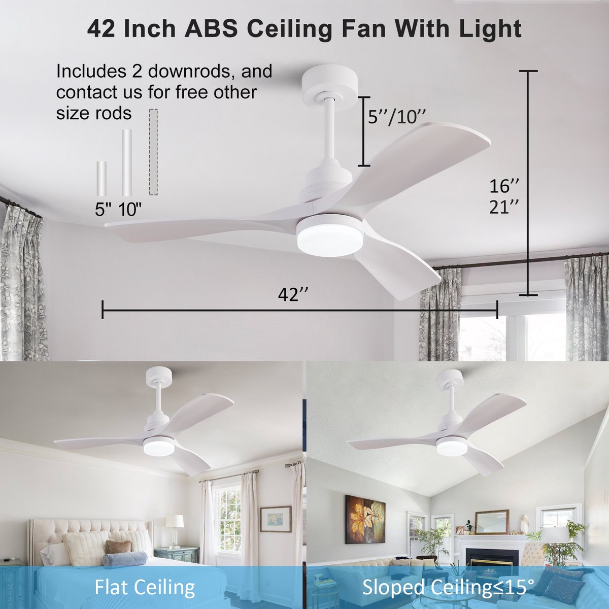 FloraGrace Deckenventilator Met Licht En Afstandsbediening 42 Zoll 3 Bladen Wit ABS DC-Motor Reversibel Met Geheugenfunctie
