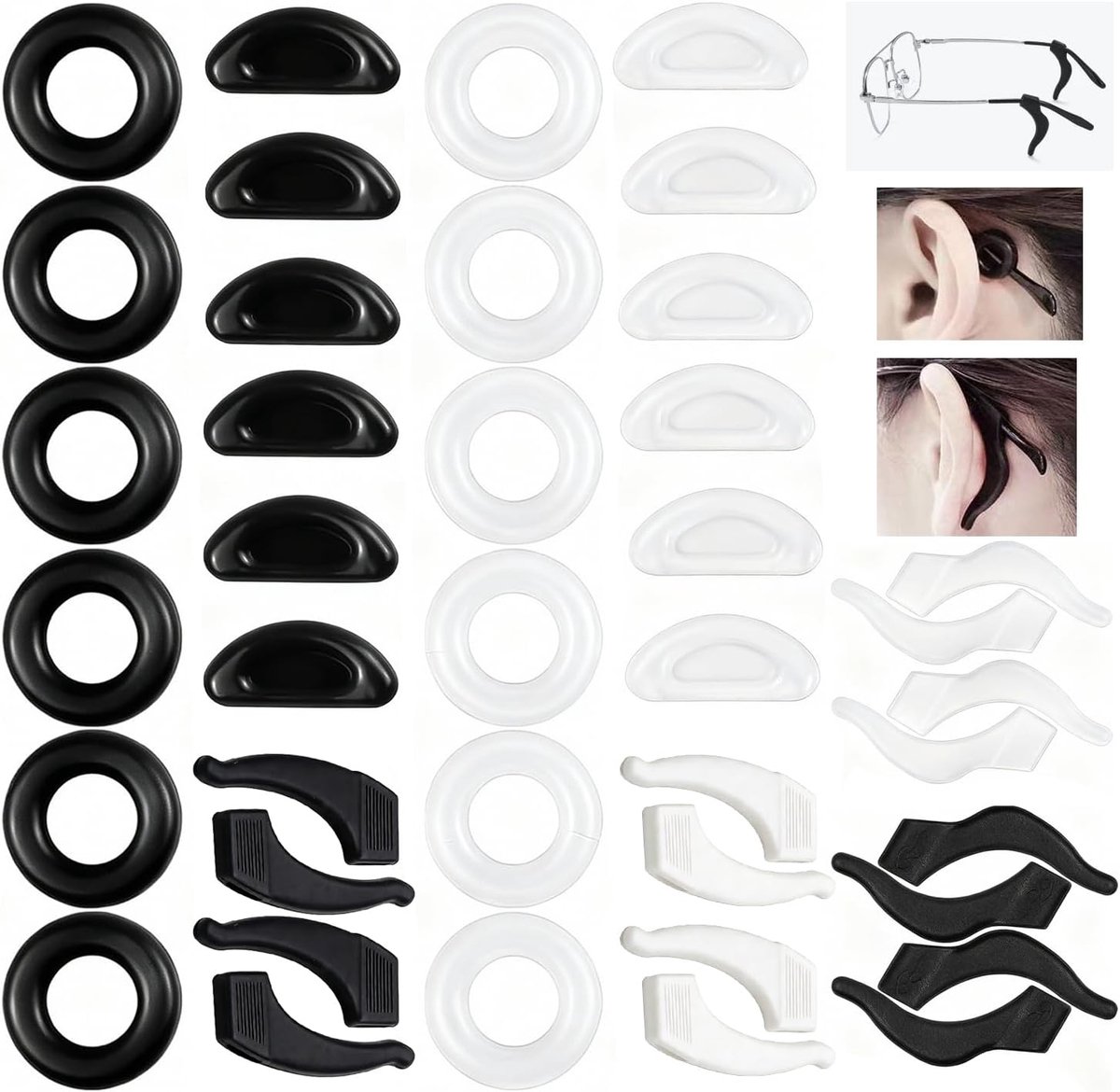 SnelShoppen - 20 Pairs Silicone Eyewear Accessories, Non-slip Grips, Adhesive Nose Pads, 2 Sizes, Black & White voor Zonnebrillen en Brillen