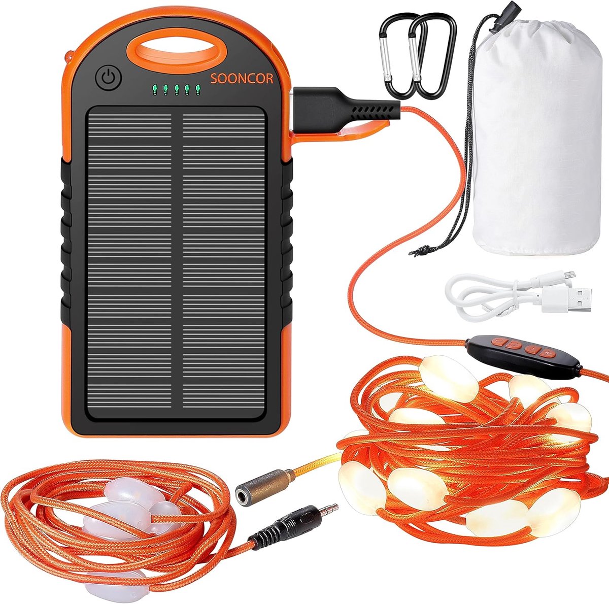 SnelShoppen - Buiten en binnen Sfeerverlichting met Oplaadbare USB Accu, Zonne-energie, 12 + 5 LED's, 9 m Afneembaar, 7 Verlichtingsmodi voor Camping,