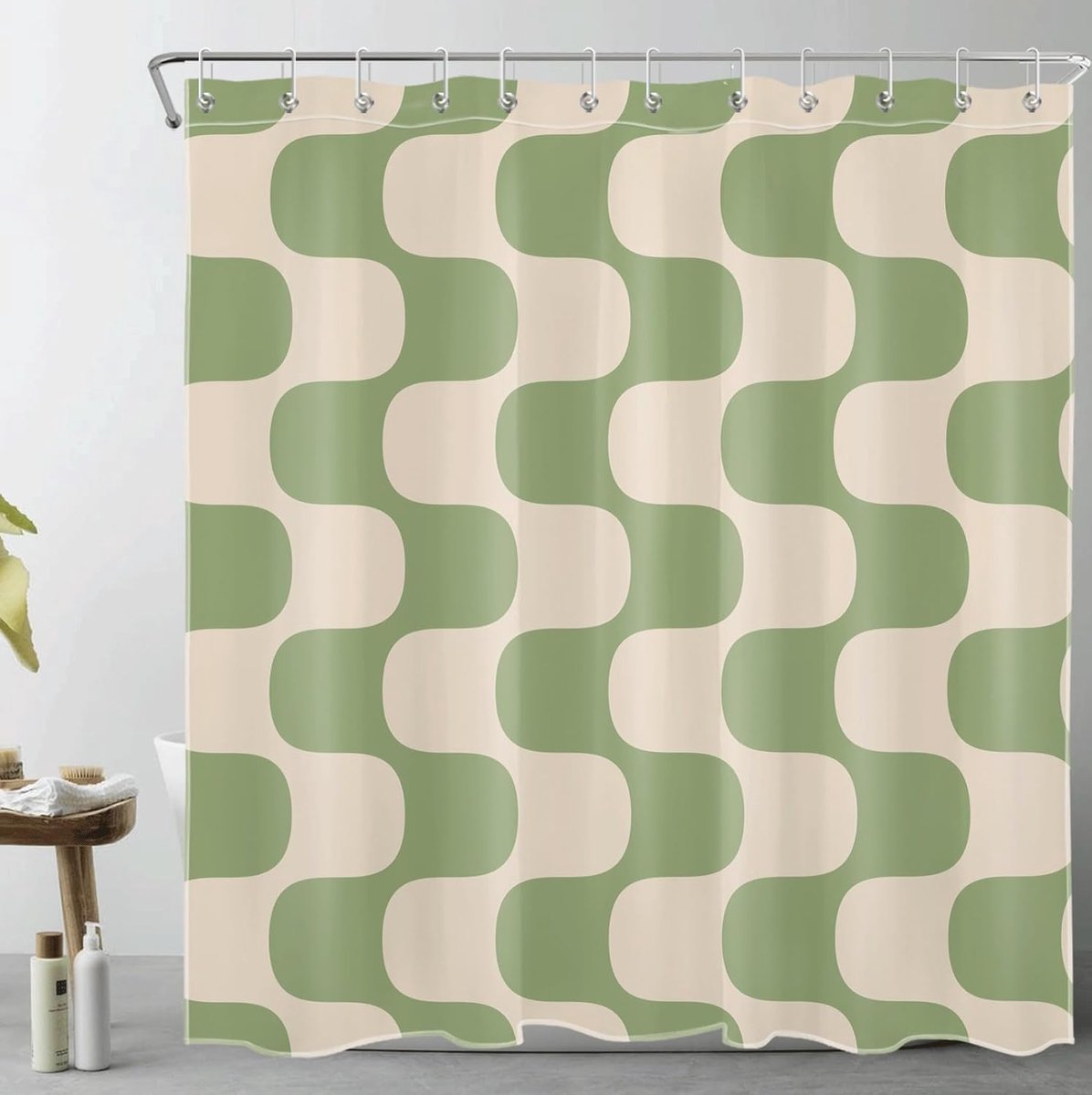 SnelShoppen - LB Douchegordijn 180x200cm Groen Gestreept op Vintage Beige, Anti-Mould Waterdicht, Badkamer Gordijnen met Haakjes, Abstracte Kunst, Ext