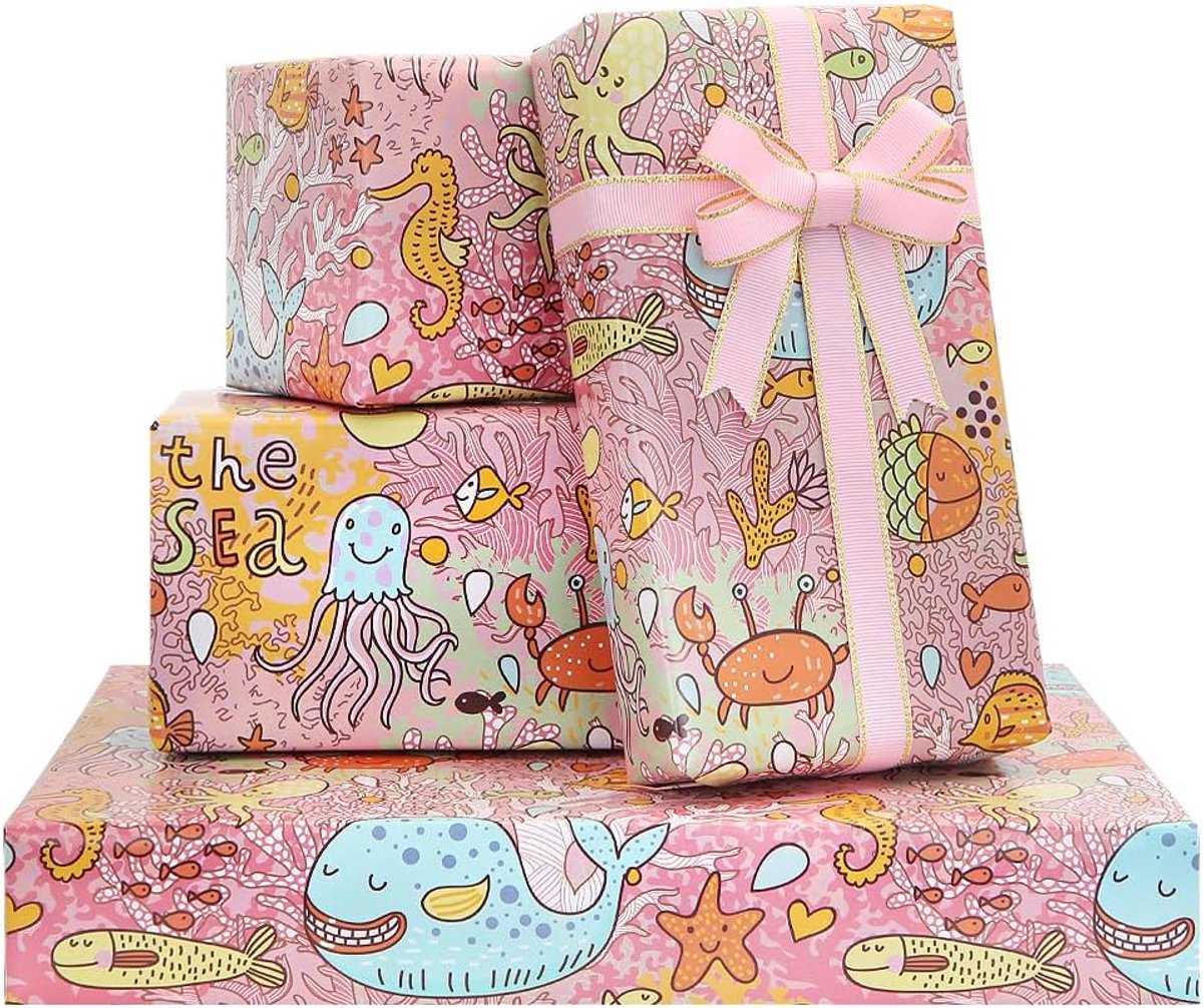 SnelShoppen - Cadeaupapier Onder de Zee voor Kinderen, 4 Vellen Roze met Zeepaardjes en Koraalvis Designs, Perfect voor Verjaardag en Babyshower