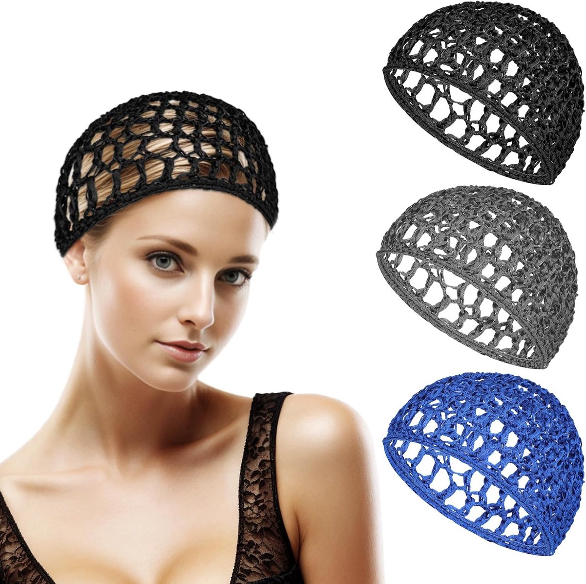 SnelShoppen - Set van 3 Korte Haarnetten voor Vrouwen, Herbruikbare Gehaakte Slaapmuts, Douchemuts voor Lang, Kort, Krullend, Dun, Glad Haar - Hoogwaa