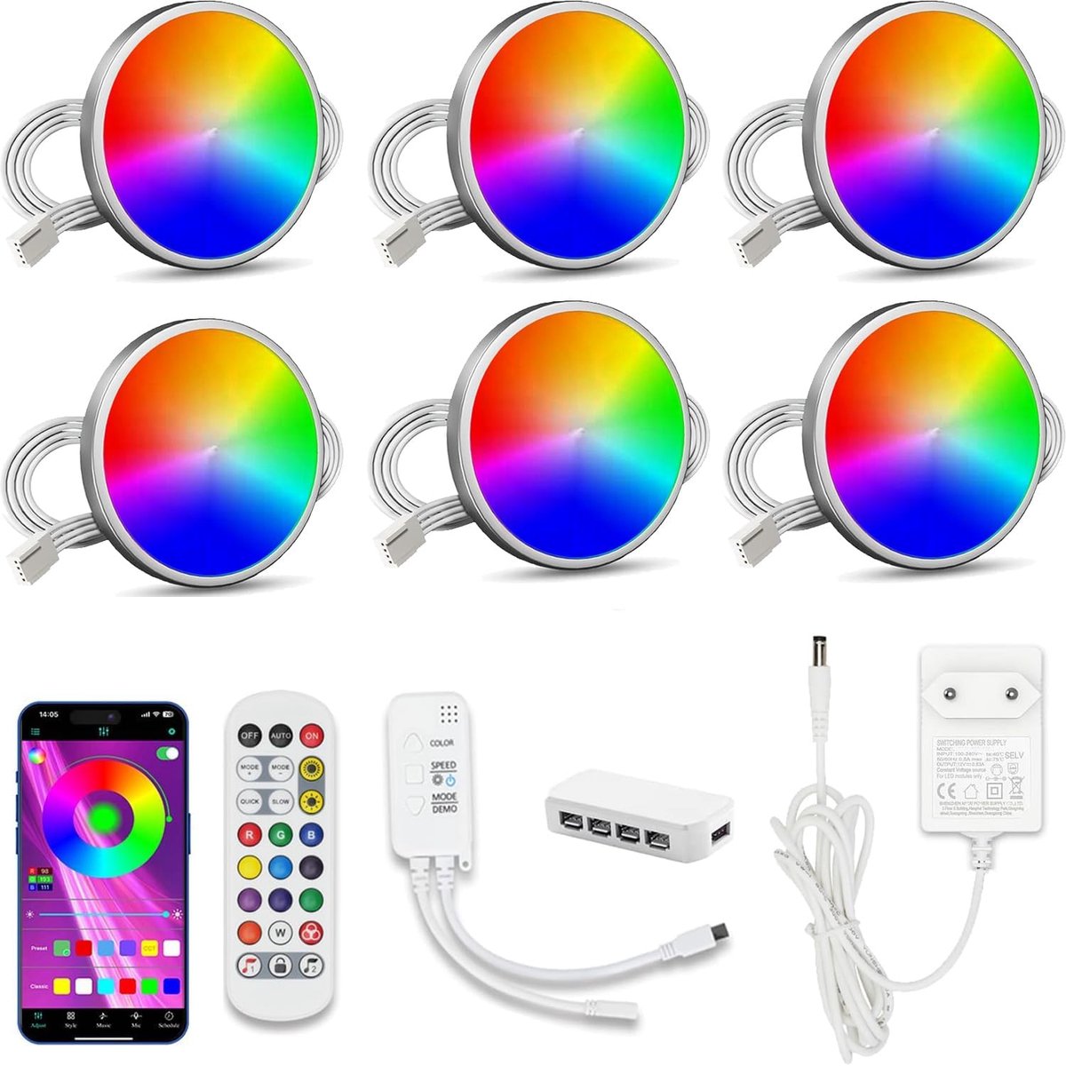 SnelShoppen - RGBW LED Display Light Set van 6 Spotlights met Afstandsbediening, Muziek Sync, Kleurverandering, Geschikt voor Feest, Tuin, Woonkamer,