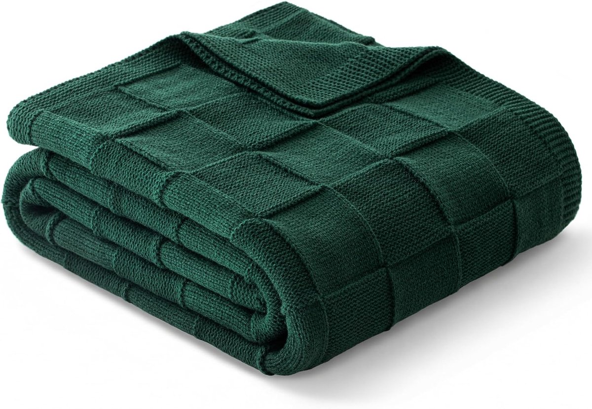 SnelShoppen - Fluffy Knitted Dekentje 150x200 cm - Zachte Acryl Plaid met Ruitpatroon - Warm en Ademend Sofa Dekbed voor Alle Seizoenen - Donkergroen