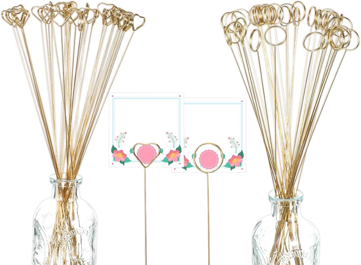 SnelShoppen - 80 Stuks Bloemen Metaal Tafel Kaarthouder Hartvorm & Rond - Foto & Memo Houder voor Feesten, Bruiloften, Verjaardagen & Banquets