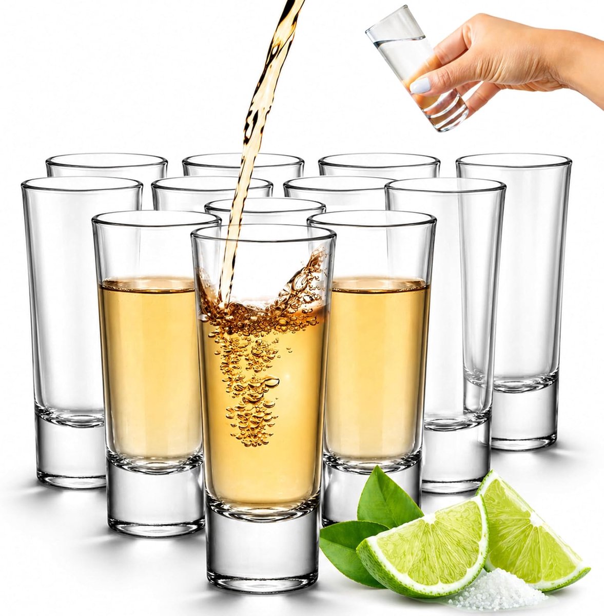 SnelShoppen - High Shot Glasses 60ml - 12-Pack Duidelijke Shotglazen met Zware Bodem - Herbruikbaar voor Vodka, Cocktails, Whiskey, Tequila en Brandy
