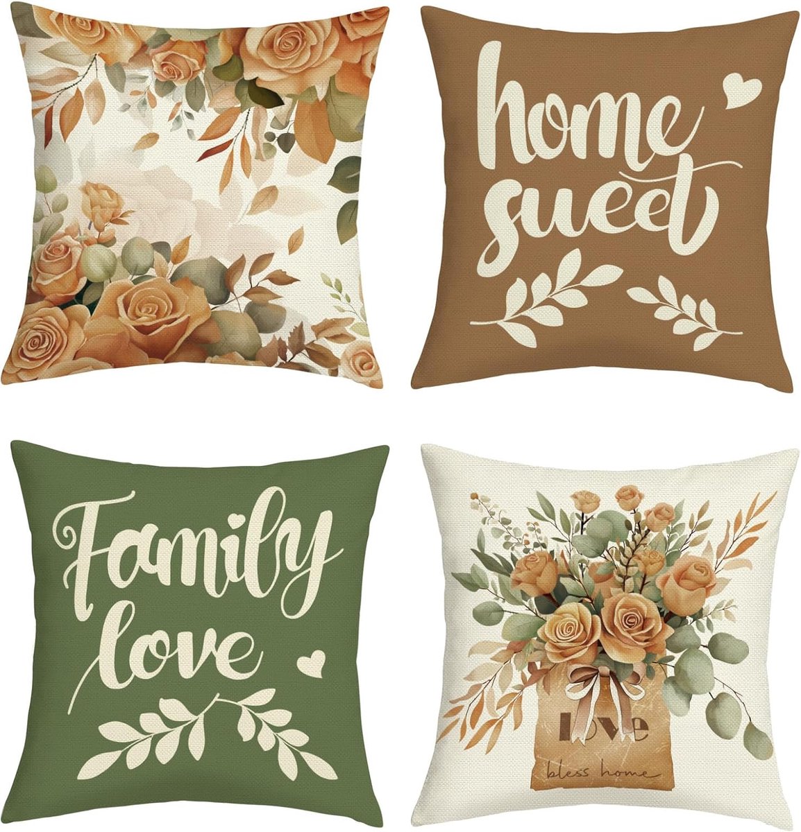 SnelShoppen - Kussenslopen 45x45 cm Set van 4 Zomer Vintage Eucalyptus Bloemen, Decoratieve Kussenslopen voor Woonkamer en Tuin, Natuurlijke Kleuren,