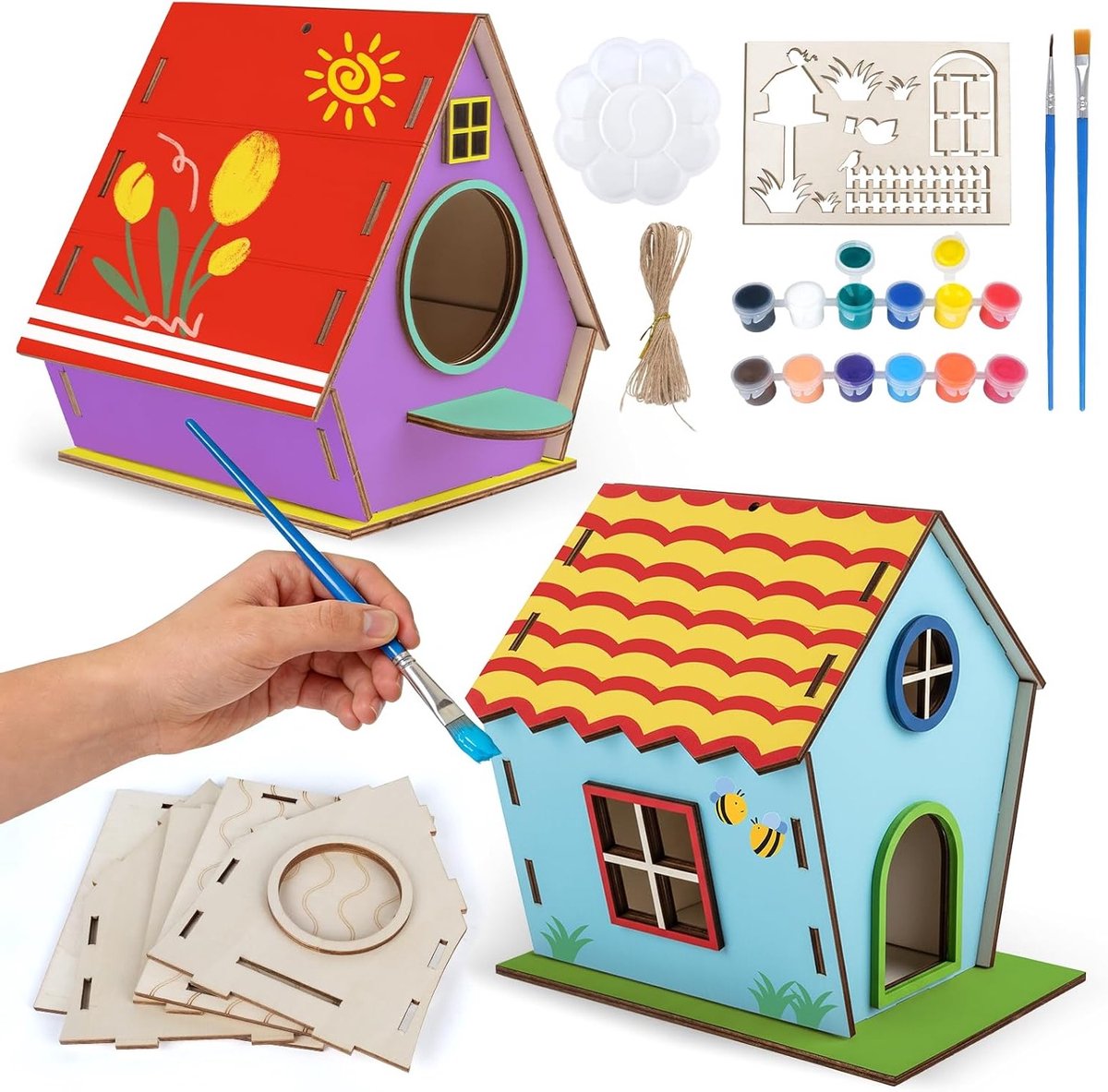 Birdhouse Bouwset voor Kinderen, 2-delige DIY Houten Knutselset om te Maken en Schilderen, Creatieve Activiteit voor Meisjes, Jongens en Peuters