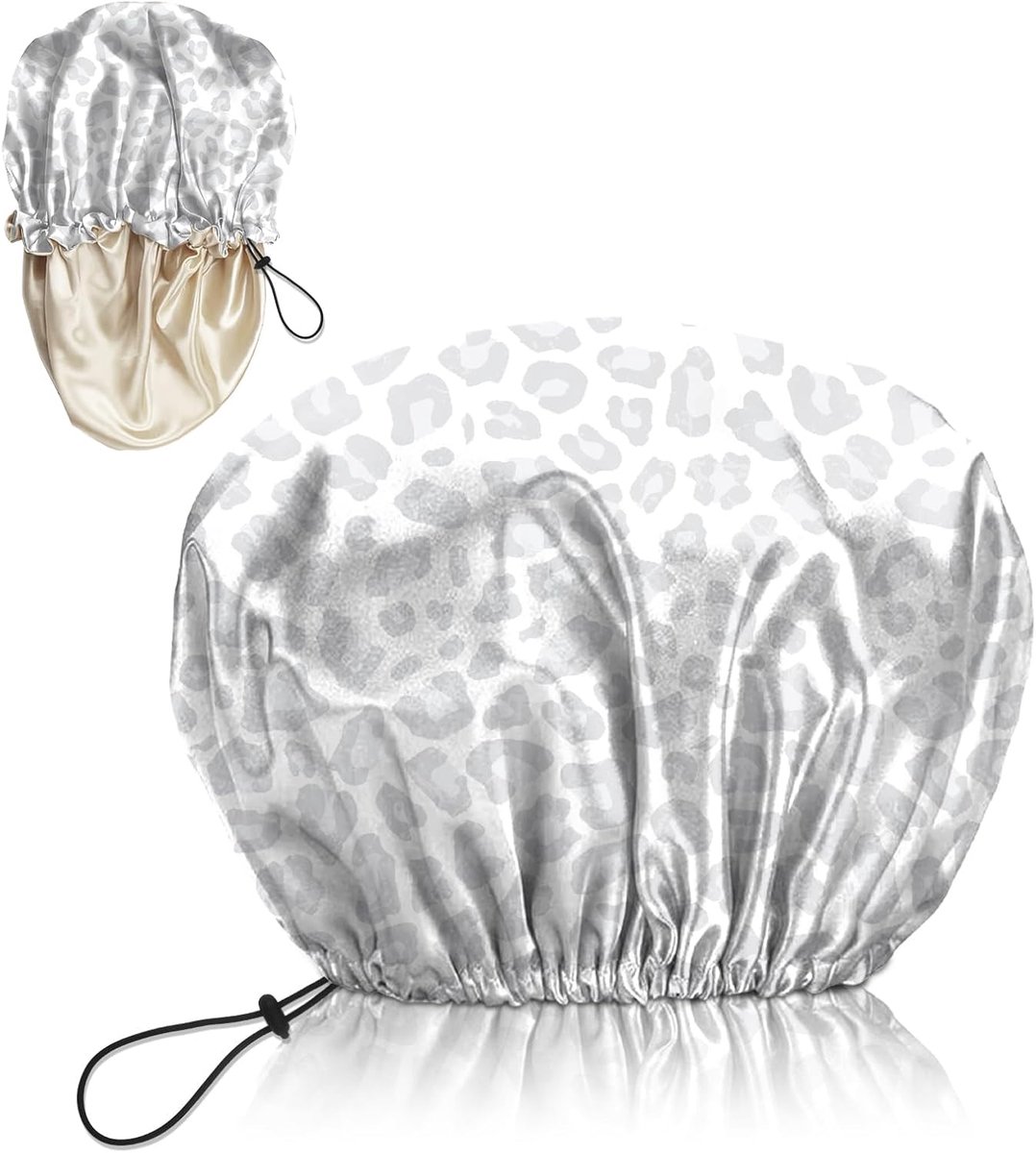 SnelShoppen - Luxe Douchcap - Zijden Satijn Voering - Waterdicht Herbruikbaar - Verstelbare Elastische Haarcap voor Zwemmen - Schattig Grijs Cheetah L