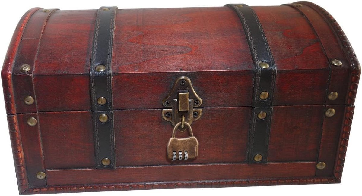 SnelShoppen - Houten Schatkist met Deksel en Combinatieslot - Grote Cadeaubox voor Kinderen, Trouwen en Verjaardagen - 30x20x15 cm - Unieke Piratensch