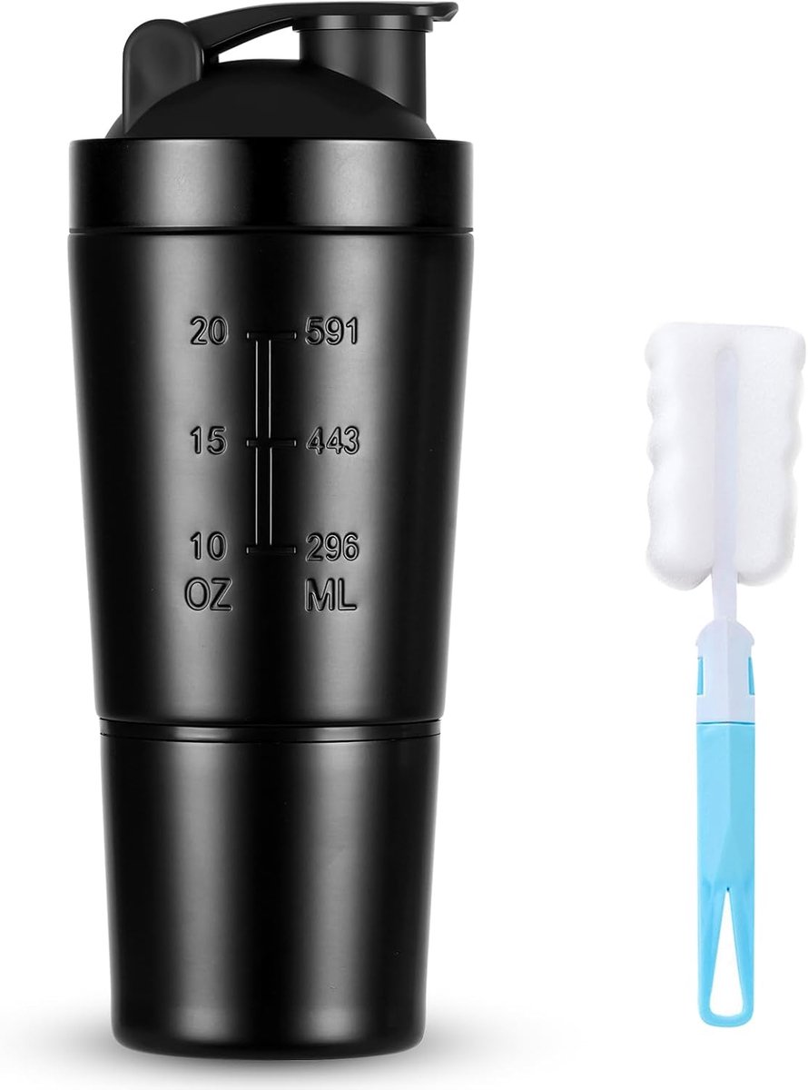 SnelShoppen - RVS Protein Shaker 900 ml - Roestvrijstalen Sportfles met Poedercompartiment en Bal Mixer voor Eiwitdranken - Ideaal voor Fitness, Outdo