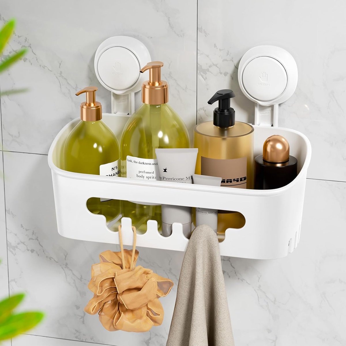 Thijox - Doucherek met Zuignap - Heavy Duty Douchemandje zonder Boren - Max Hold 10 KG - Wit Kunststof - Douche Organizer voor Badkamer en Keuken