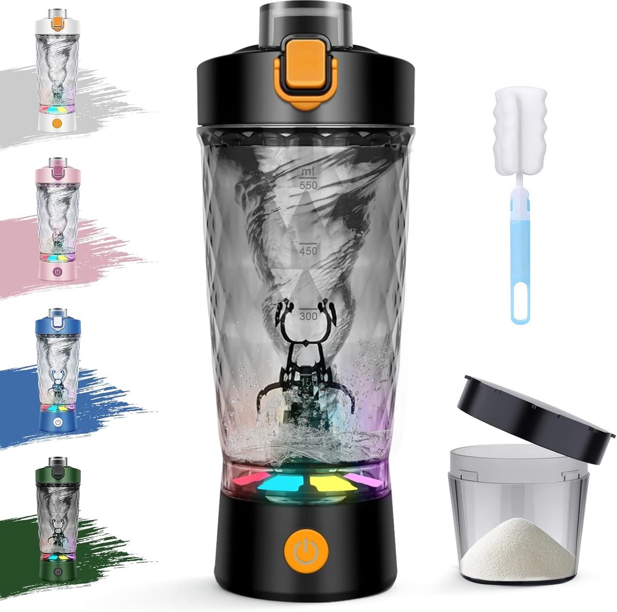 SnelShoppen - Elektrische Shaker 650 ml, Protein Shaker met Poedercompartiment, USB Oplaadbaar, BPA-vrij, Zwart, Ideaal voor Sport, Milkshakes en Eiwi