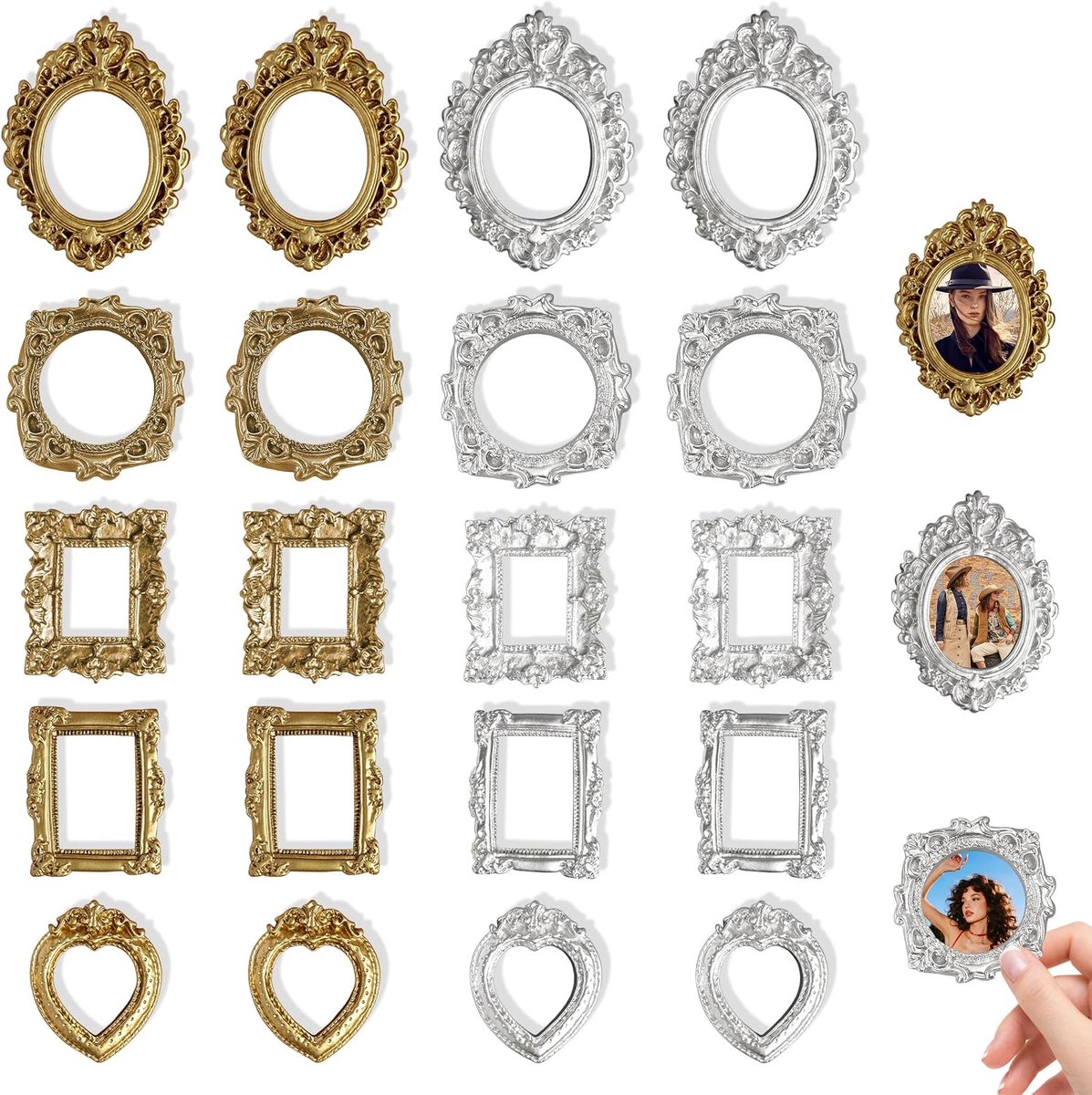 SnelShoppen - 20 Stuks Vintage Mini Fotolijsten van Kunsthars in Barokstijl, Goud en Zilver, Perfect voor DIY Foto's, Sieradendisplay en Retro Decorat