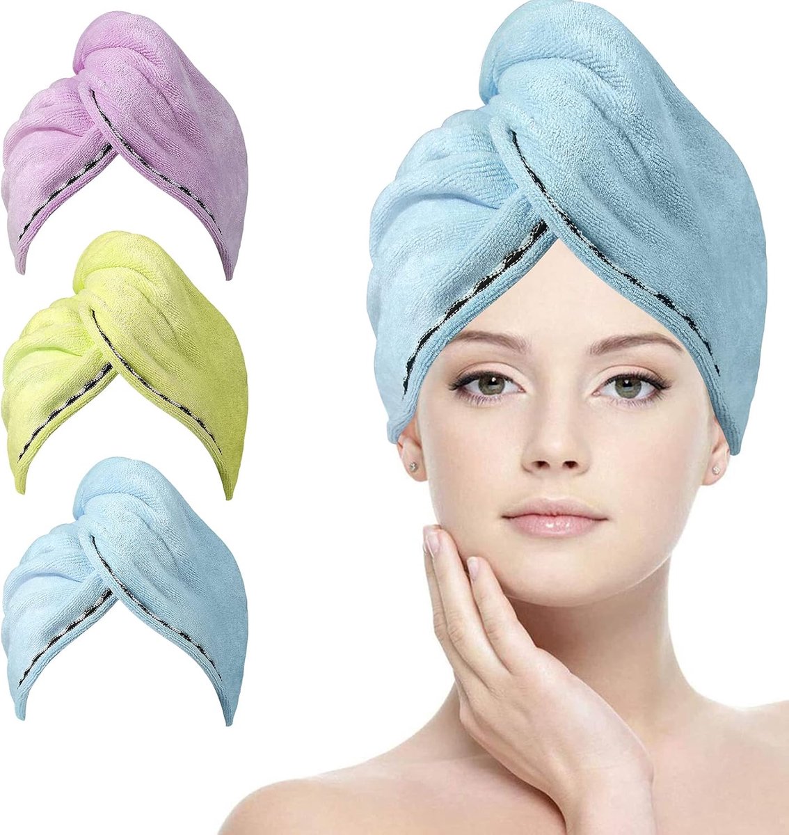SnelShoppen - Haar Turban Handdoek 3-Pack Microfiber Haar Handdoeken met 6 Haarbanden - Super Absorberend Sneldrogend Badhoofdwrap voor Vrouwen - Blau